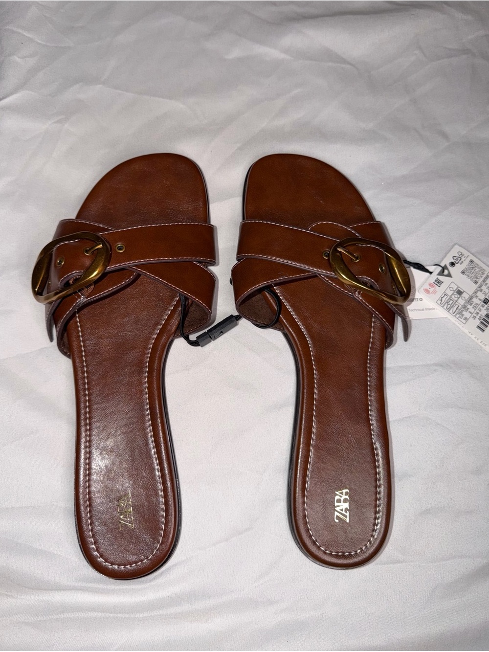ZARA Brown Leather Slide Sandals with Brass-Tone Buckle - Picture 3 of 5